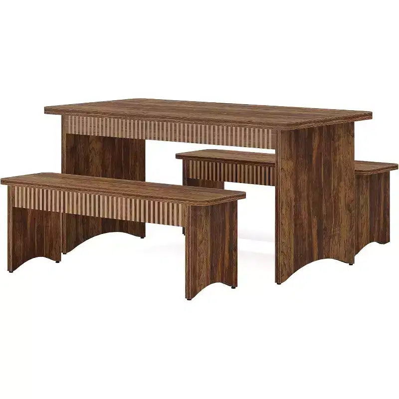 Lantine Farmhouse 3-Piece Dining Table Set, 55 Dining Room Table with 2 Benches for 4-6 People
