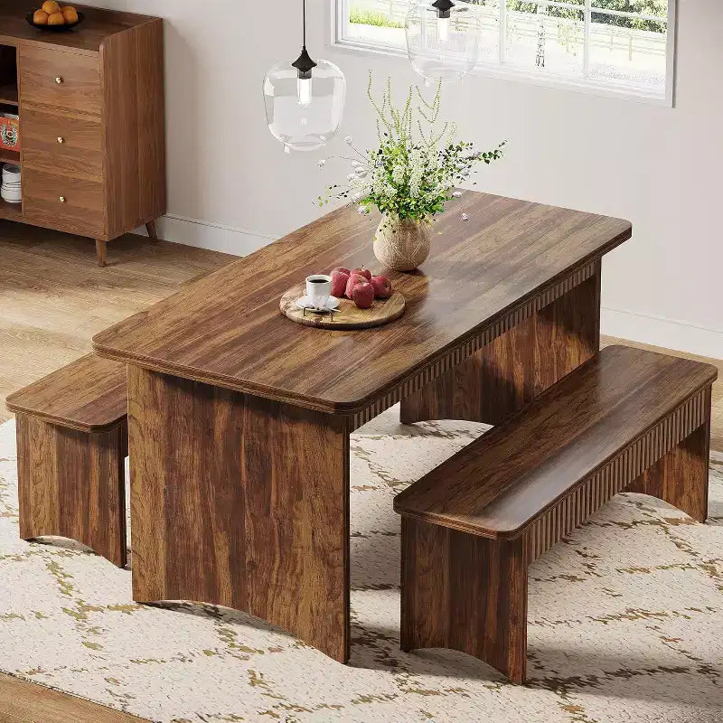 Lantine Farmhouse 3-Piece Dining Table Set, 55 Dining Room Table with 2 Benches for 4-6 People