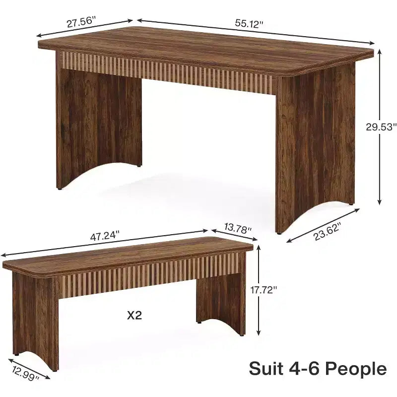 Lantine Farmhouse 3-Piece Dining Table Set, 55 Dining Room Table with 2 Benches for 4-6 People