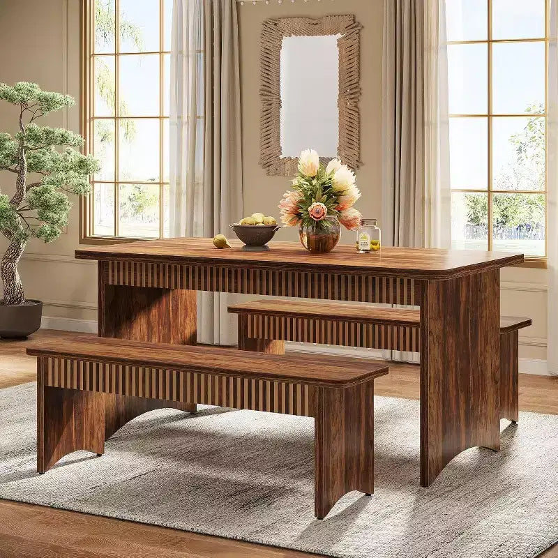 Lantine Farmhouse 3-Piece Dining Table Set, 55 Dining Room Table with 2 Benches for 4-6 People