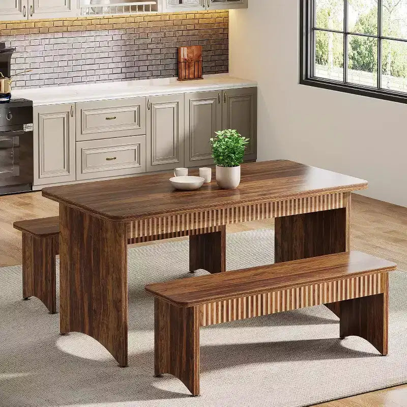 Lantine Farmhouse 3-Piece Dining Table Set, 55 Dining Room Table with 2 Benches for 4-6 People