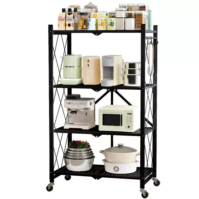 4-Tier Foldable Metal Storage Shelf with Rolling Wheels Heavy Duty Wire Organizer Rack Black
