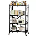 4-Tier Foldable Metal Storage Shelf with Rolling Wheels Heavy Duty Wire Organizer Rack Black