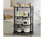 Black 4-Tier Foldable Wire Storage Shelf with Wheels