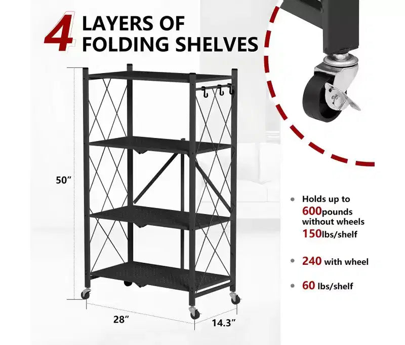 Black 4-Tier Foldable Wire Storage Shelf with Wheels