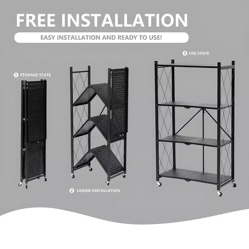 Black 4-Tier Foldable Wire Storage Shelf with Wheels