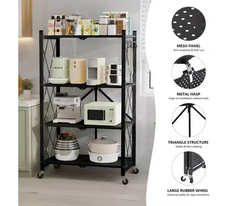 Black 4-Tier Foldable Wire Storage Shelf with Wheels