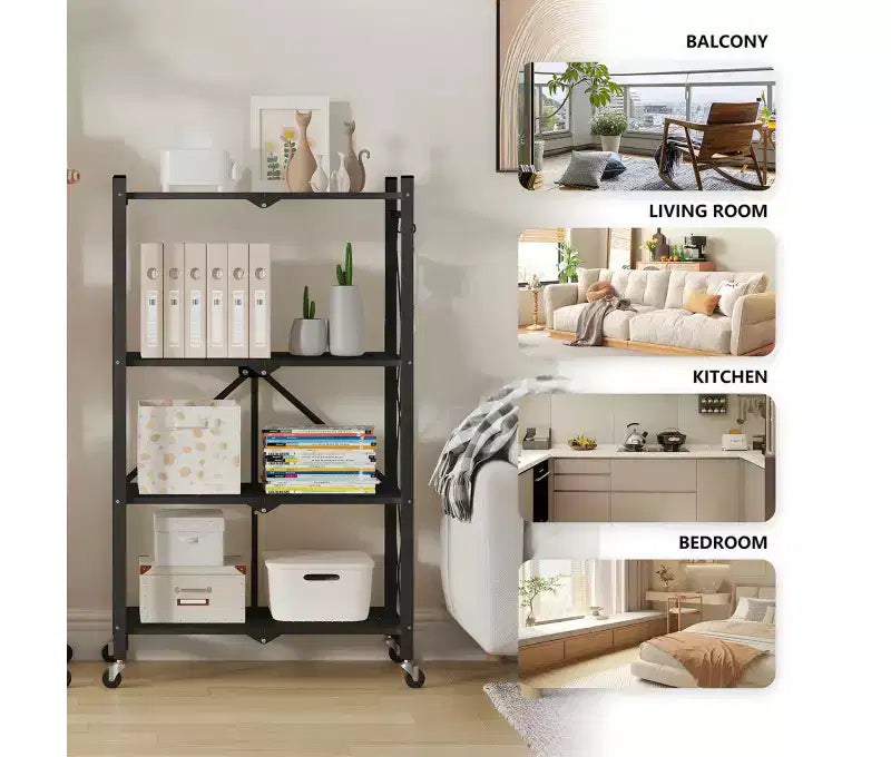 Black 4-Tier Foldable Wire Storage Shelf with Wheels