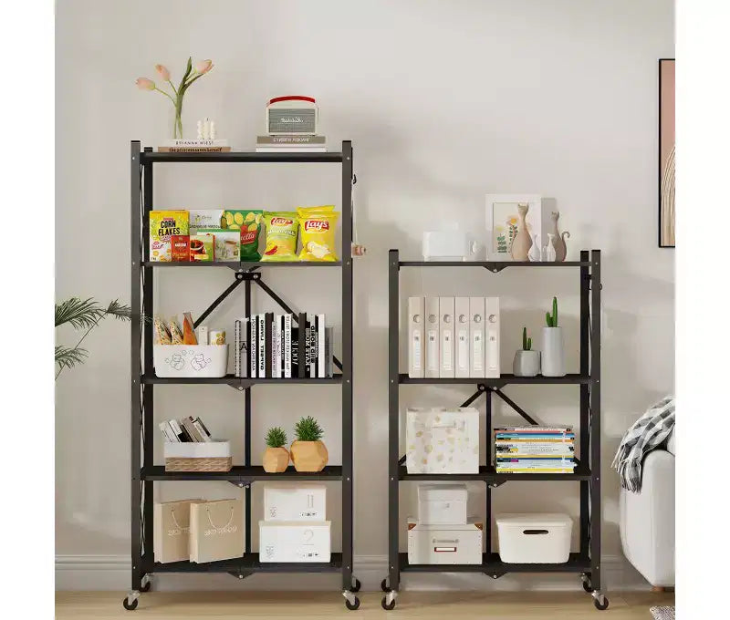 Black 4-Tier Foldable Wire Storage Shelf with Wheels