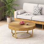 Yellow Round Coffee Table, Carved Pine Top with Metal Legs, 31.5" Dia × 13.78" H