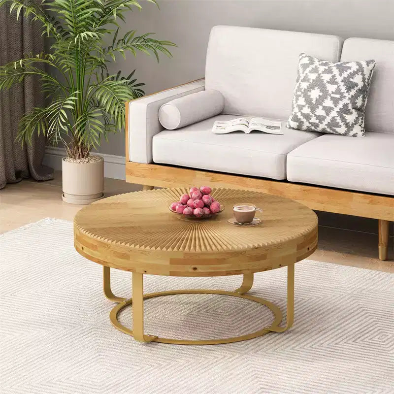 Yellow Round Coffee Table, Carved Pine Top with Metal Legs, 31.5" Dia × 13.78" H