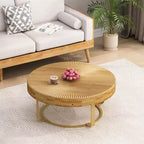 Yellow Round Coffee Table, Carved Pine Top with Metal Legs, 31.5" Dia × 13.78" H