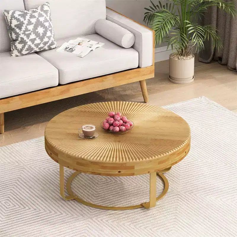 Yellow Round Coffee Table, Carved Pine Top with Metal Legs, 31.5" Dia × 13.78" H