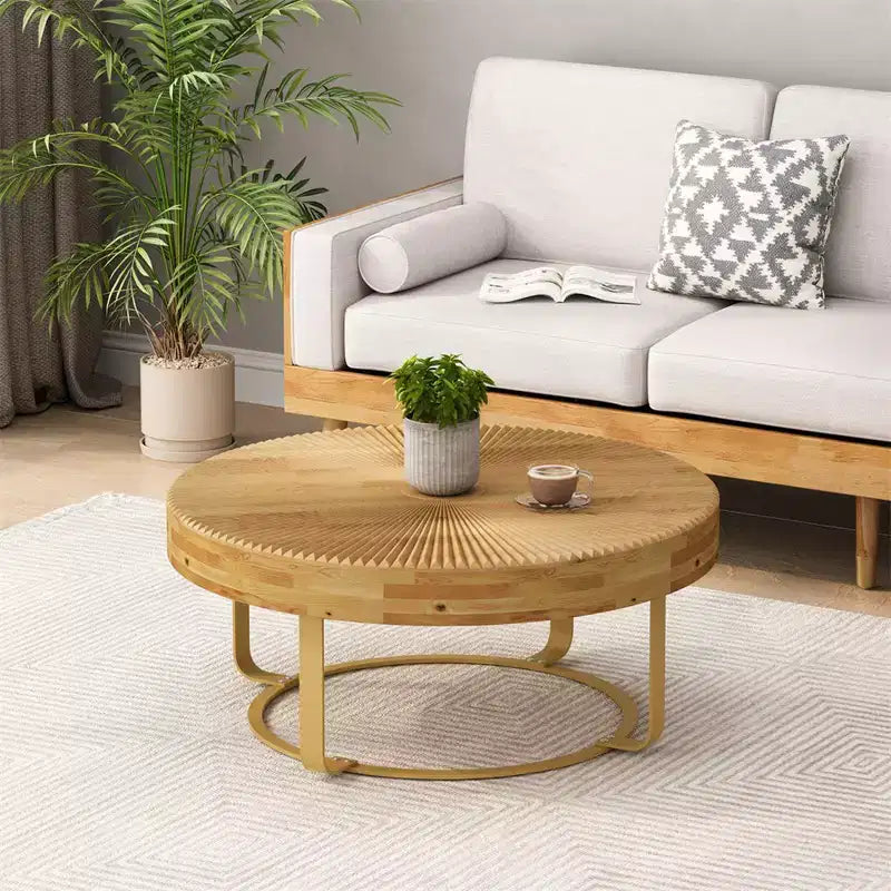 Yellow Round Coffee Table, Carved Pine Top with Metal Legs, 31.5" Dia × 13.78" H