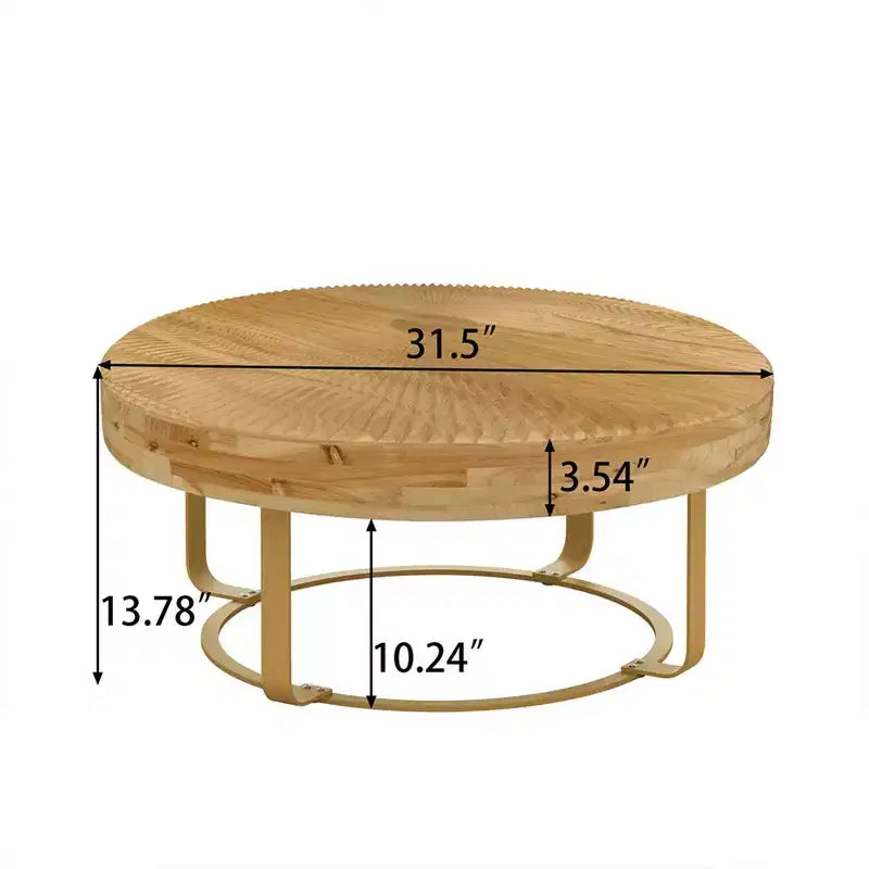Yellow Round Coffee Table, Carved Pine Top with Metal Legs, 31.5" Dia × 13.78" H