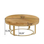 Yellow Round Coffee Table, Carved Pine Top with Metal Legs, 31.5" Dia × 13.78" H