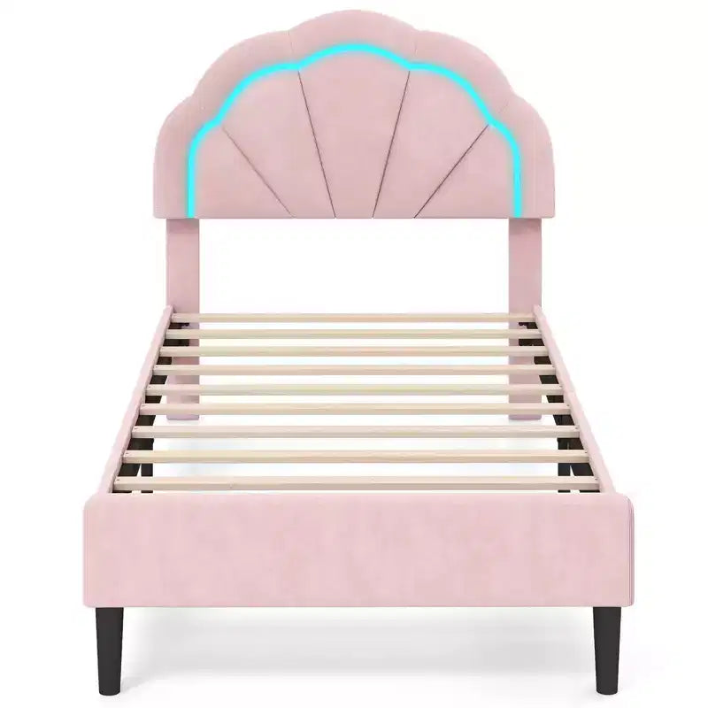Costway Twin/Full/Queen Size Upholstered LED Bed Frame Soft Velvet Platform Bed with Flower Headboard