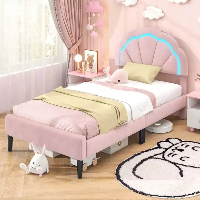 Pink Upholstered Platform Bed with LED Lights & Flower Headboard – Twin/Full/Queen, 1 Person