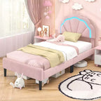 Pink Upholstered Platform Bed with LED Lights & Flower Headboard – Twin/Full/Queen, 1 Person