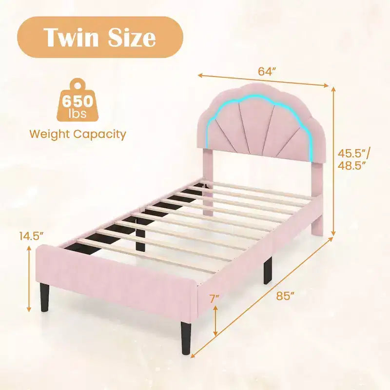 Pink Upholstered Platform Bed with LED Lights & Flower Headboard – Twin/Full/Queen, 1 Person