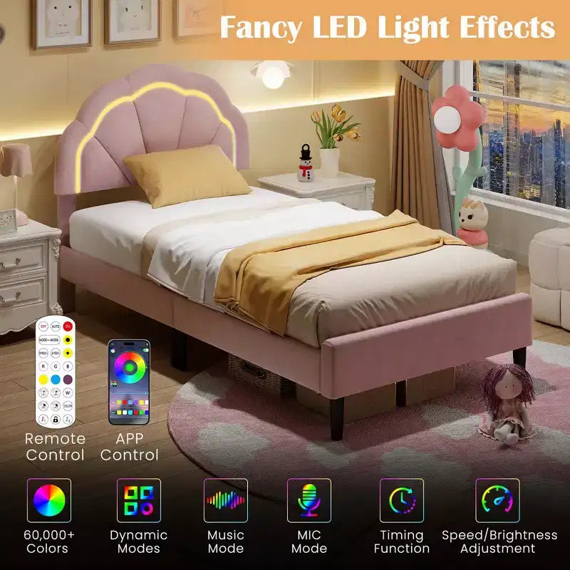 Pink Upholstered Platform Bed with LED Lights & Flower Headboard – Twin/Full/Queen, 1 Person