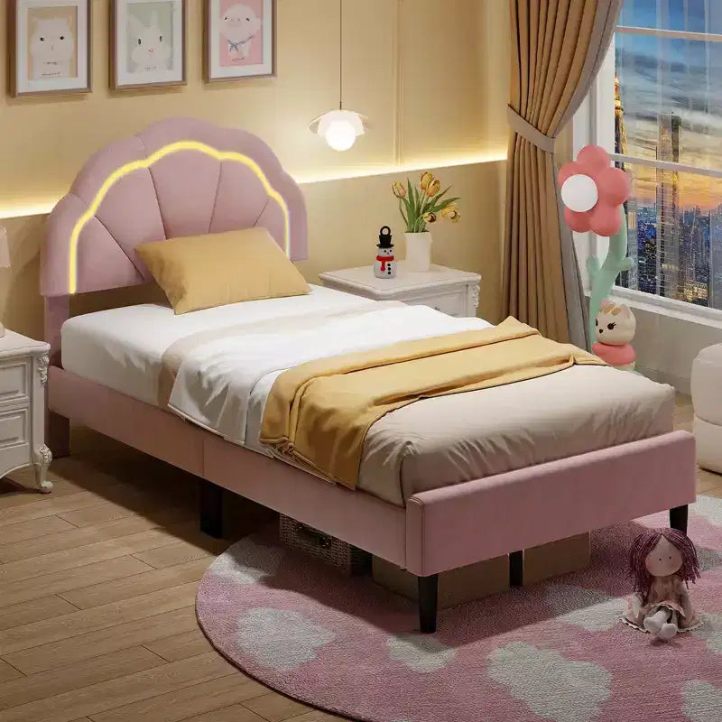 Pink Upholstered Platform Bed with LED Lights & Flower Headboard – Twin/Full/Queen, 1 Person