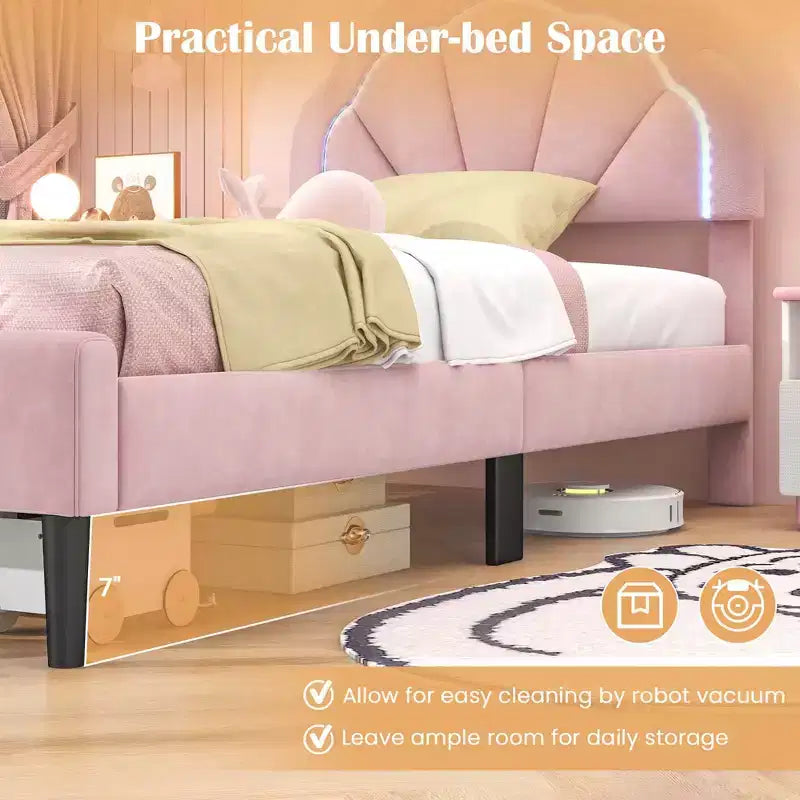 Pink Upholstered Platform Bed with LED Lights & Flower Headboard – Twin/Full/Queen, 1 Person
