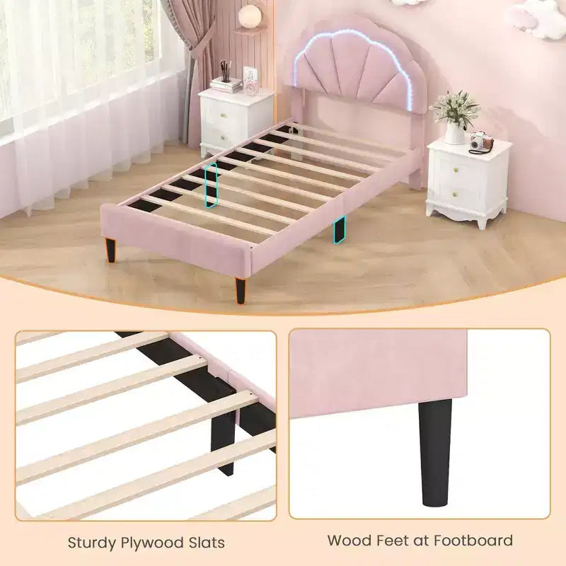 Pink Upholstered Platform Bed with LED Lights & Flower Headboard – Twin/Full/Queen, 1 Person