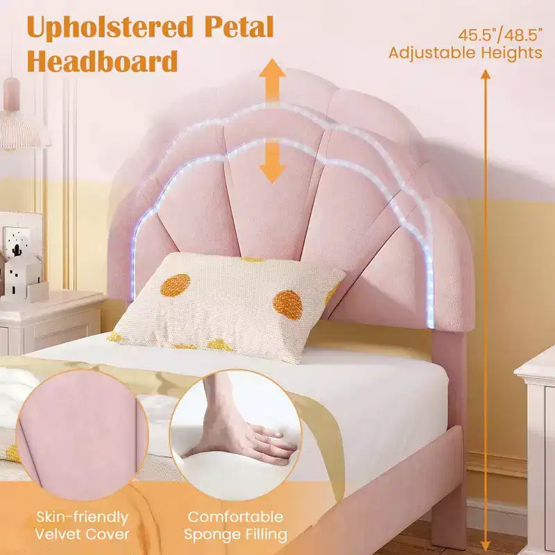Pink Upholstered Platform Bed with LED Lights & Flower Headboard – Twin/Full/Queen, 1 Person
